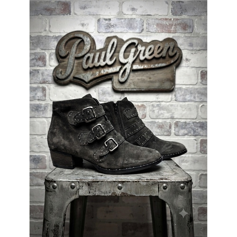Paul Green Grey Suede Triple Buckle Studded Ankle Boots Made in Austria 5.5 /7.5